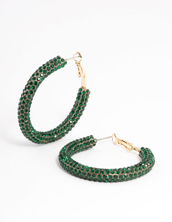 Green Rubber Diamante Hoop Earrings