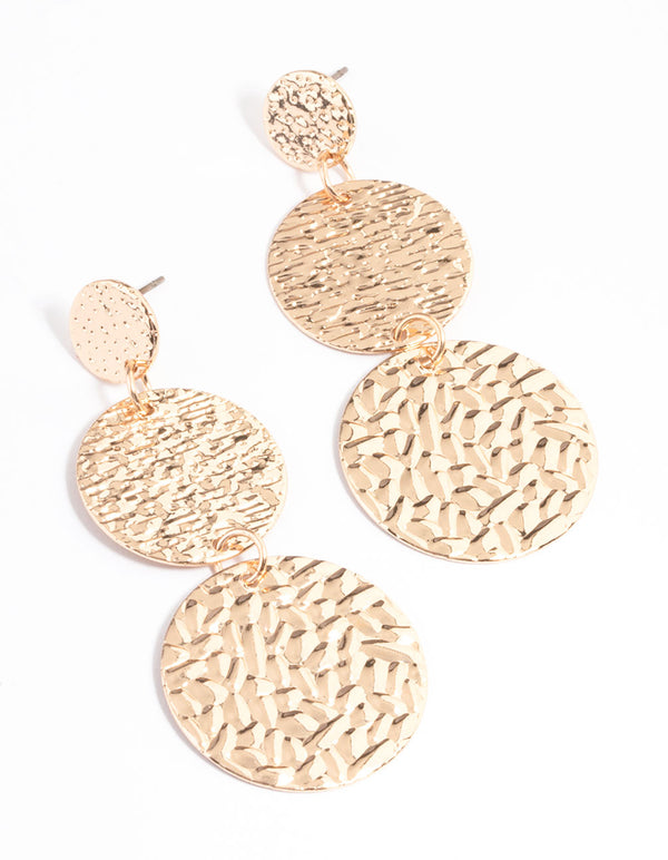 Gold Mixed Textured Disc Drop Earrings