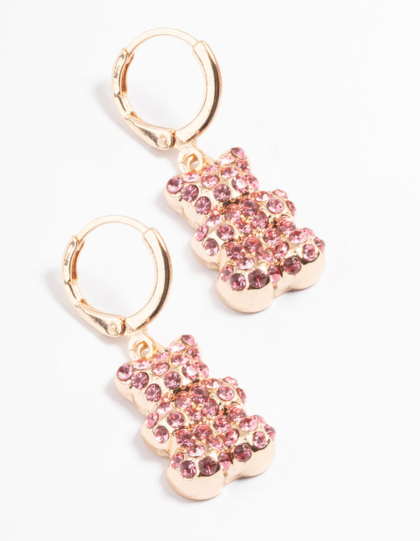 Pink Diamante Teddy Bear Huggie Earrings