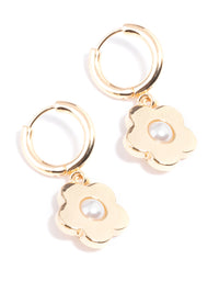 Gold Daisy Pearl Huggie Earrings - link has visual effect only