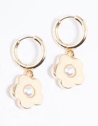 Gold Daisy Pearl Huggie Earrings - link has visual effect only