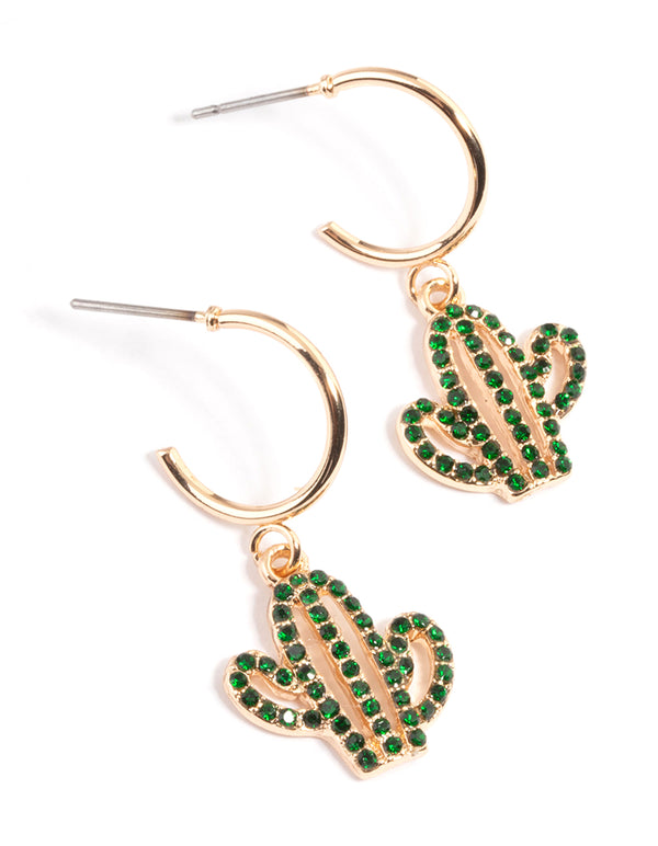 Green Diamante Cactus Huggie Earrings