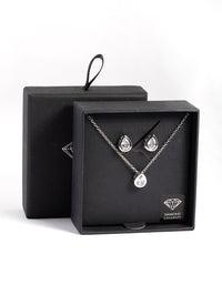 Silver Diamond Simulant Clear Teardrop Earring & Necklace Set - link has visual effect only