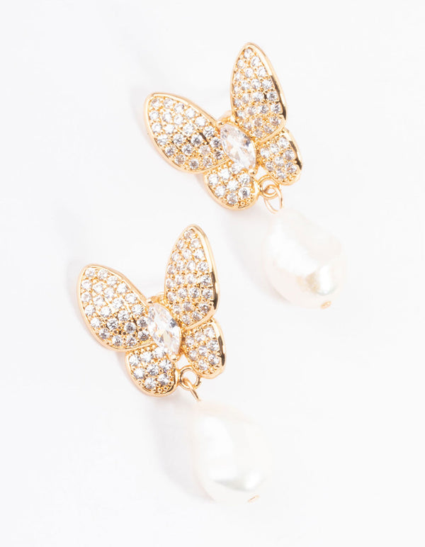 Gold Plated Cubic Zirconia Butterfly Freshwater Pearl Drop Earrings