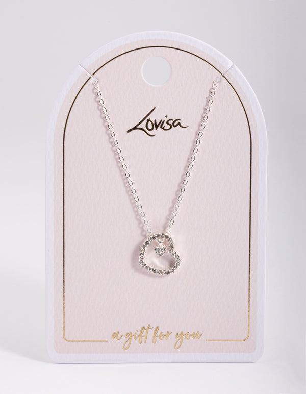 Silver Asymmetrical Diamante Heart Necklace