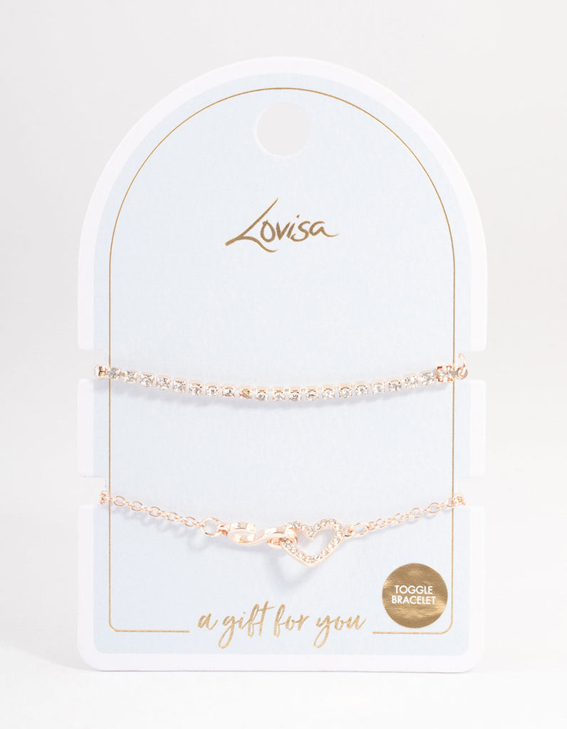 Rose Gold Cupchain Diamante Heart Bracelet Pack