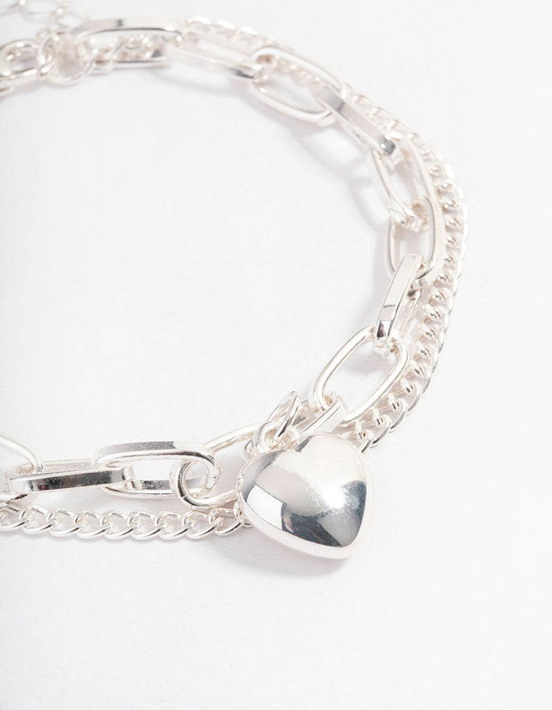 Silver Layered Chain Heart Bracelet