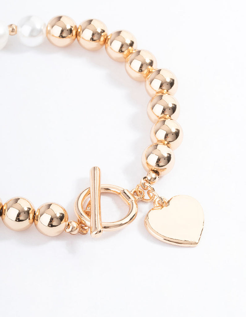 Gold Pearl & Bead Heart Bracelet