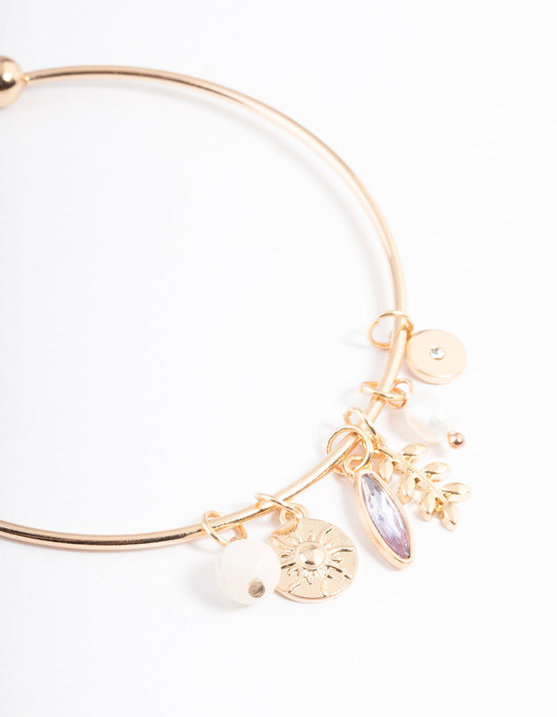 Gold Mixed Charm Open Cuff Bangle