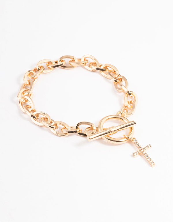 Gold Open Circle & Bar Cross Bracelet