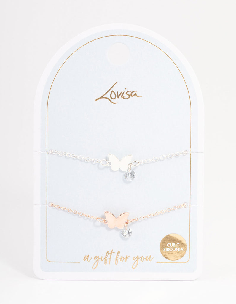 Mixed Metal Cubic Zirconia Butterfly Bracelet Pack