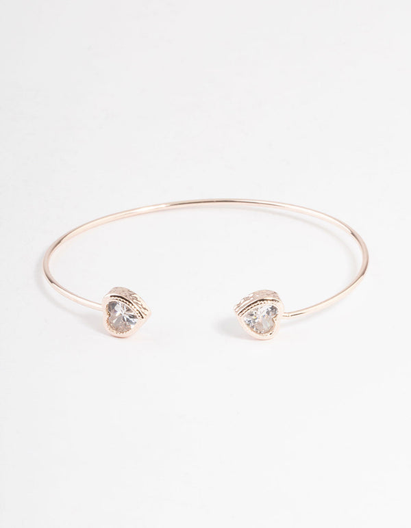 Rose Gold Cubic Zirconia Heart Open Cuff Bangle