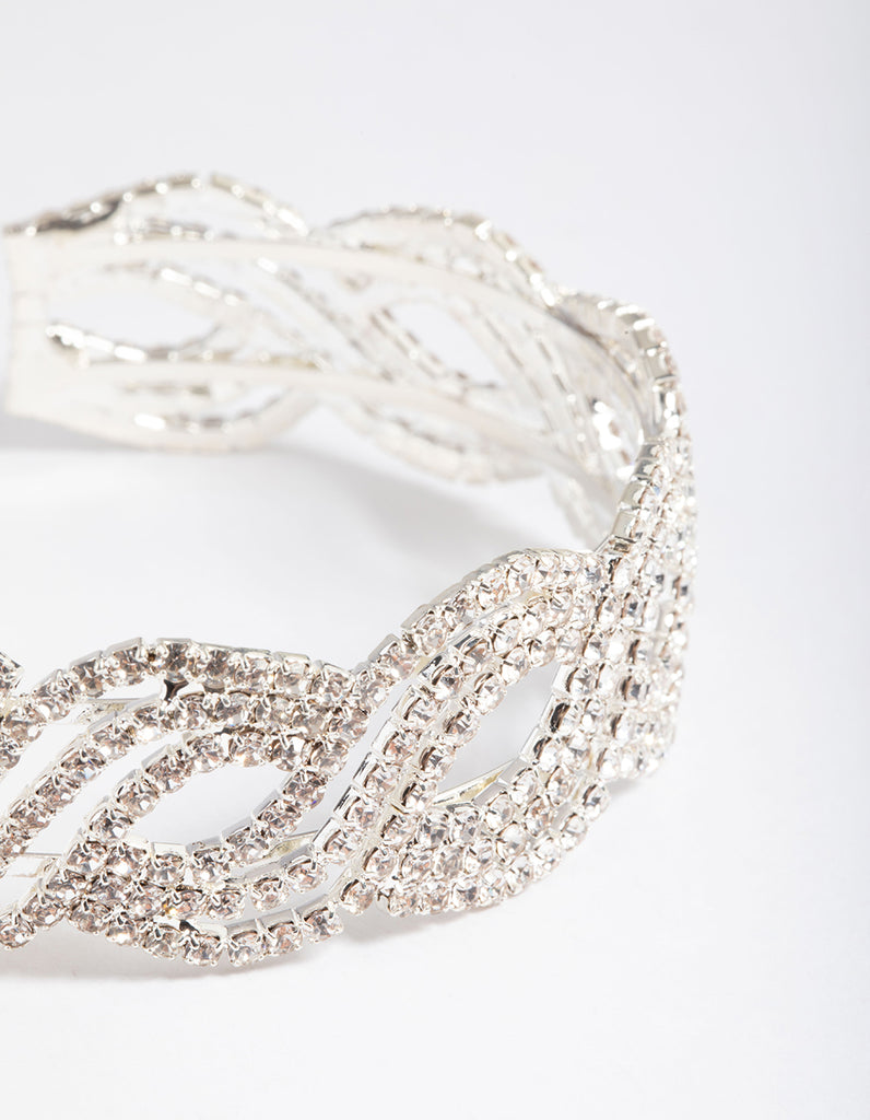 Silver Twist Petal Diamante Cuff Bracelet