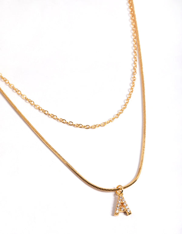 Letter A Gold Plated Layered Initial Diamante Necklace