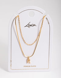 Letter R Gold Plated Layered Diamante Initial Necklace - link has visual effect only