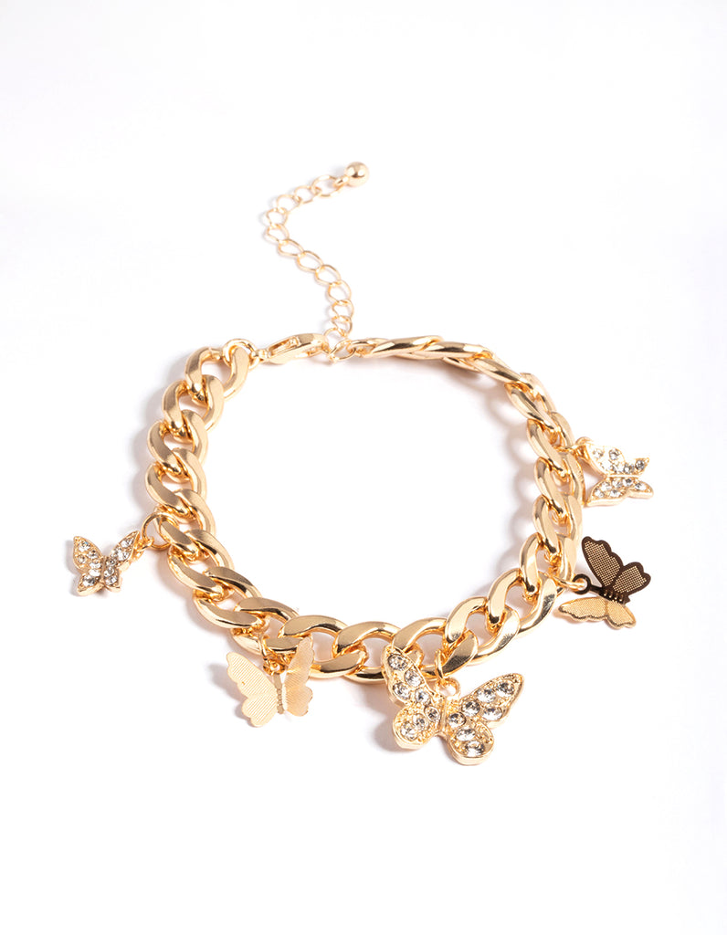 Gold Mixed Diamante Butterfly Charm Bracelet