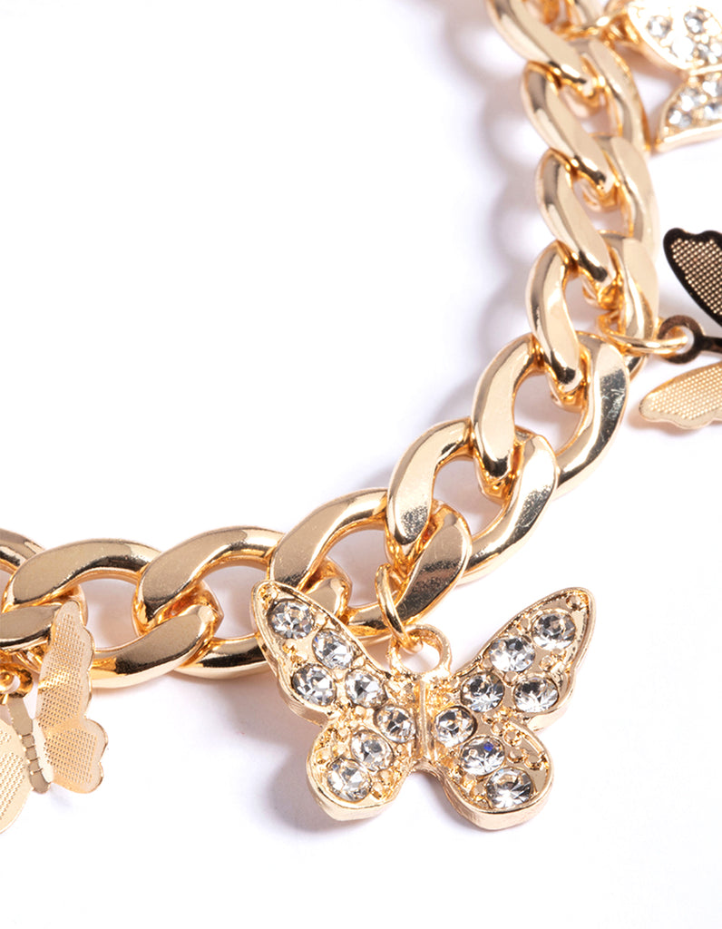 Gold Mixed Diamante Butterfly Charm Bracelet