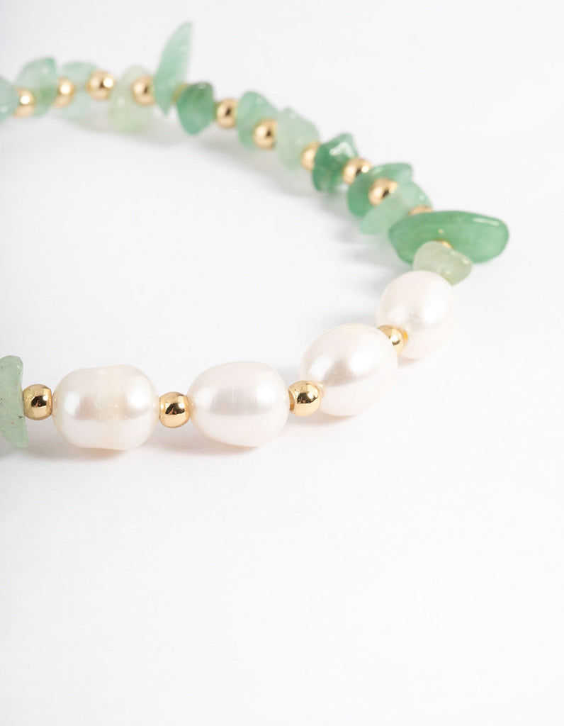 Gold Plated Green Aventurine Chip Freshwater Pearl Stretch Bracelet