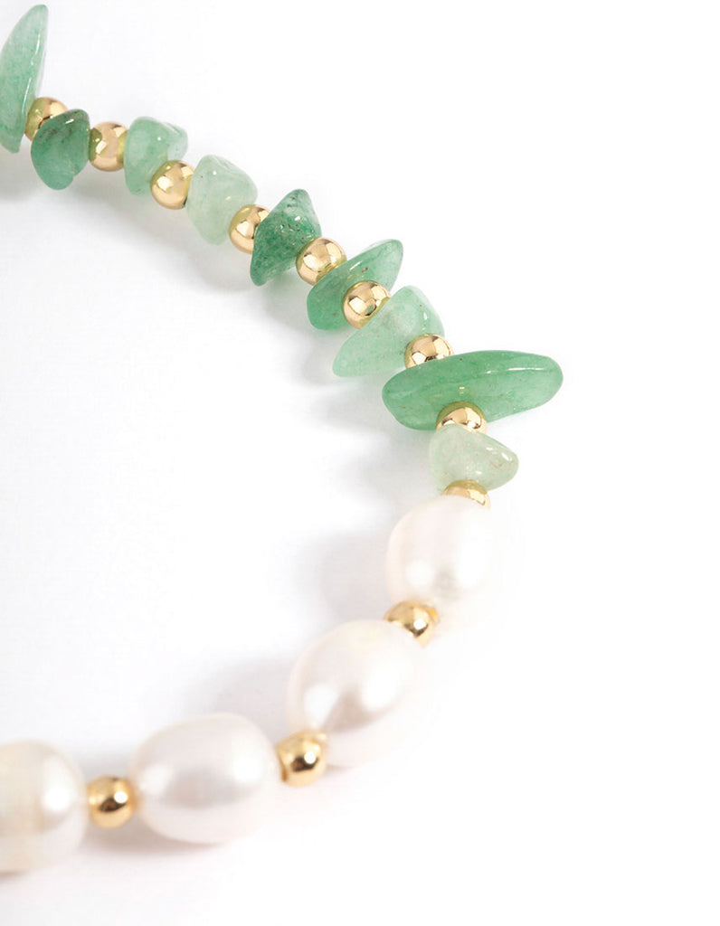 Gold Plated Green Aventurine Chip Freshwater Pearl Stretch Bracelet