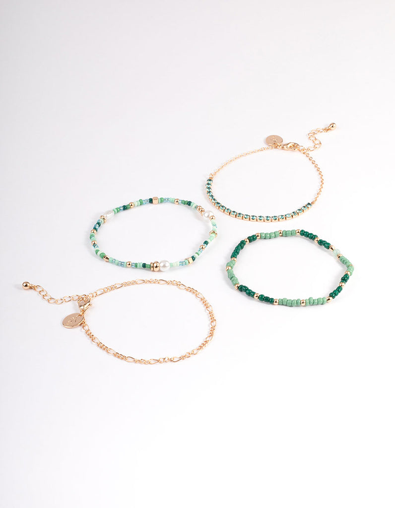 Gold Mixed Bead & Pearl Chain Bracelet 4-Pack