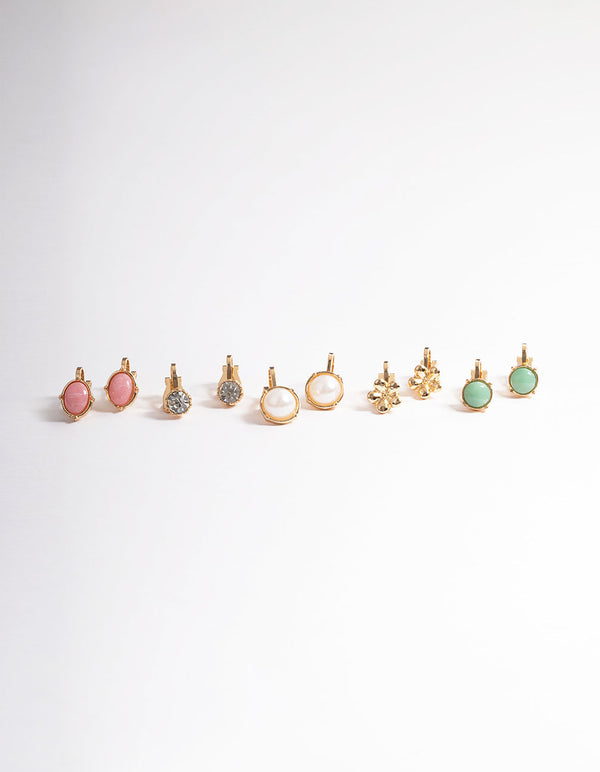 Gold Pearl & Resin Stone Clip On Earrings 5-Pack