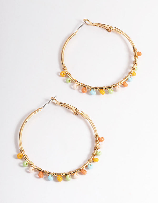 Gold Boho Bead Droplet Hoop Earrings