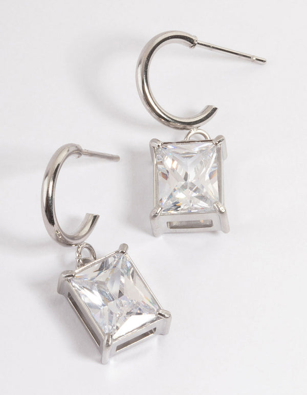 Stainless Steel Rectangle Cubic Zirconia Hoop Earrings