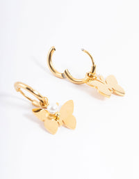 Gold Plated Stainless Steel Butterfly Pearl Huggie Earrings - link has visual effect only