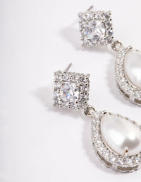 Rhodium Detail Diamond Pearl Drop Earrings - link has visual effect only