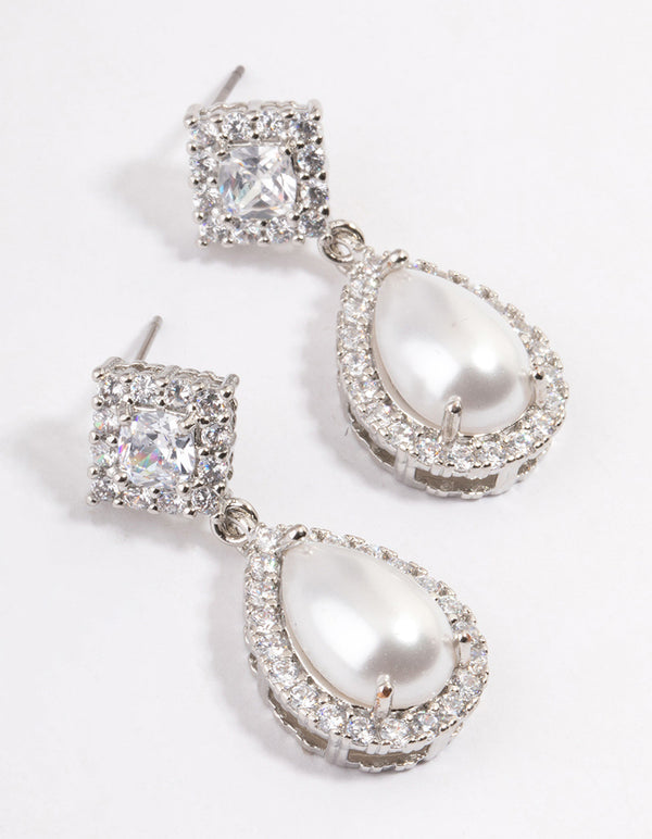 Rhodium Detail Diamond Pearl Drop Earrings