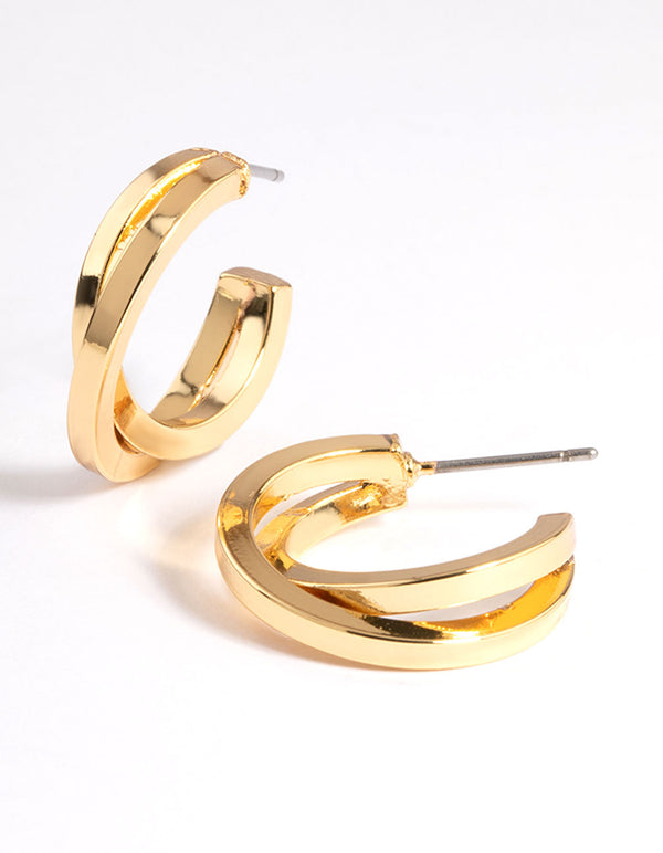 Gold Plated Square Crossover Double Hoop Earrings