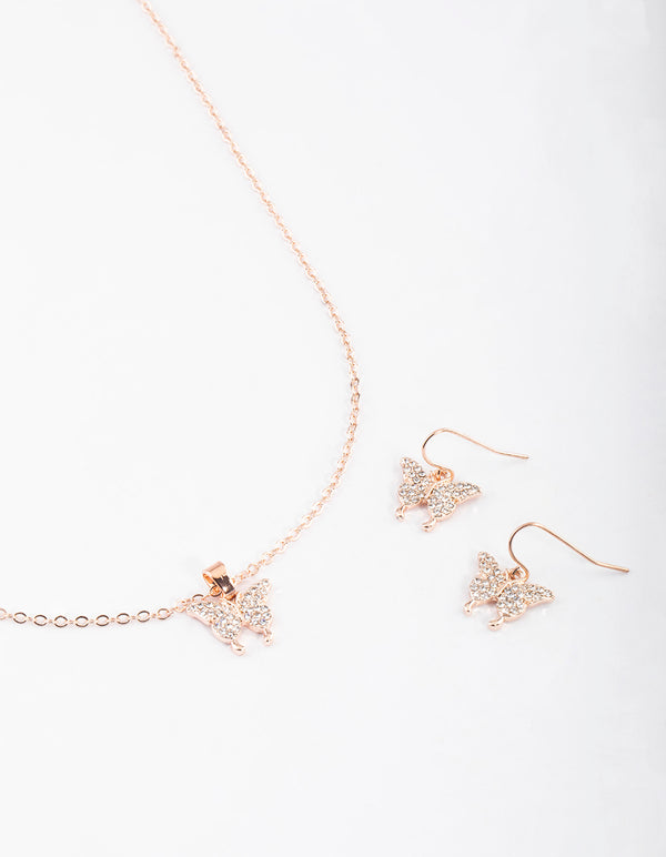 Rose Gold Butterfly Necklace & Drop Earrings Set