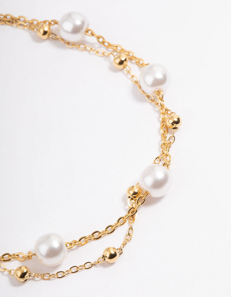 Gold Plated Stainless Steel Double Layer Pearl Ball Bracelet