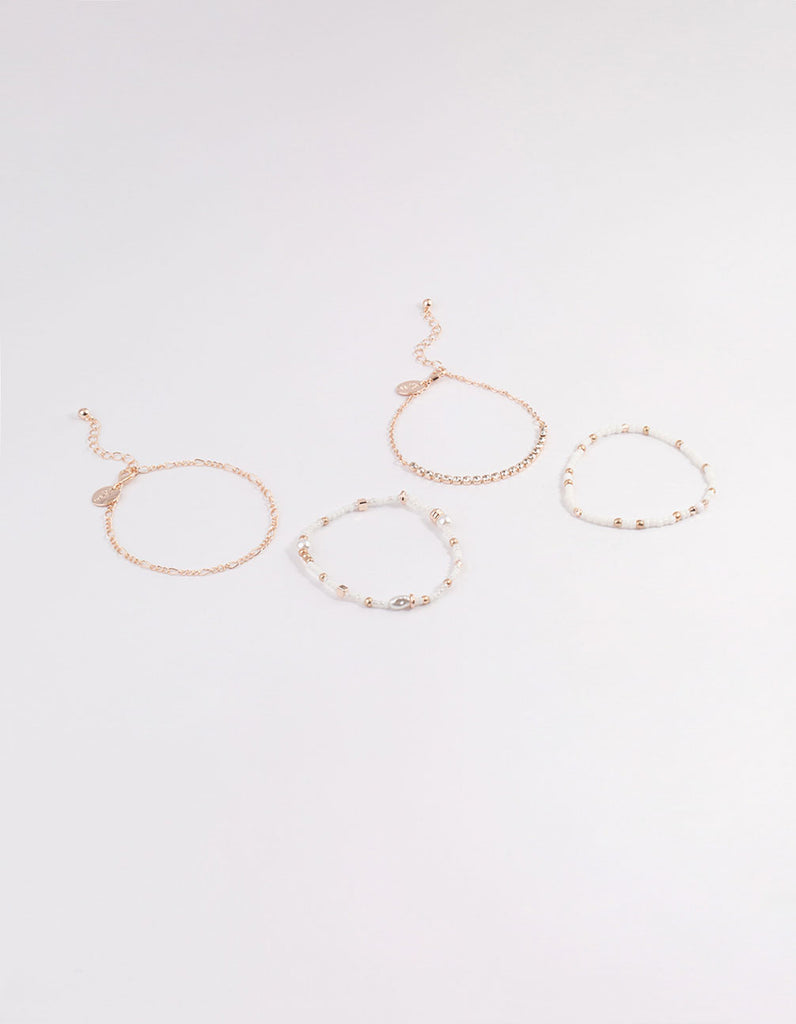 Rose Gold Mixed Bead & Pearl Chain Bracelet 4-Pack