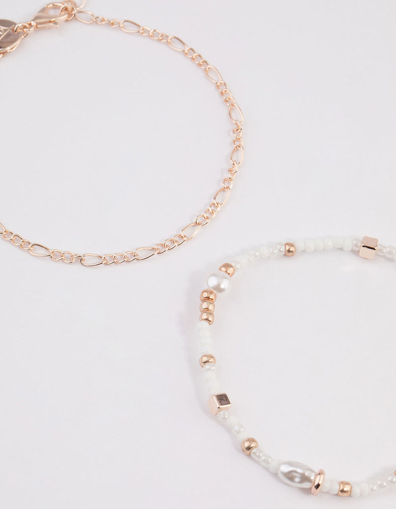 Rose Gold Mixed Bead & Pearl Chain Bracelet 4-Pack