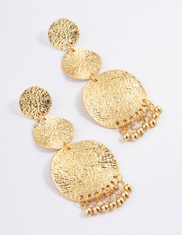 Gold Plated Brass Hammered Trio Drop Earrings