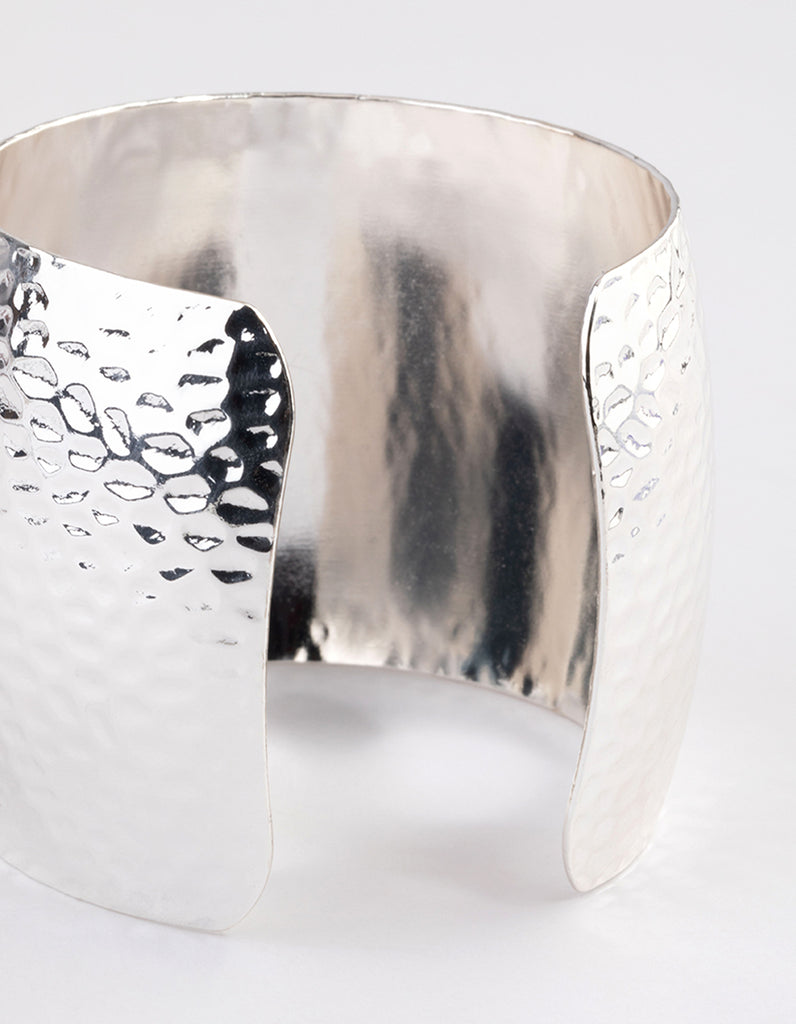 Rhodium Hammered Textured Wide Cuff Bangle