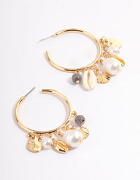 Gold Mixed Motif Pearl Hoop Earrings - link has visual effect only