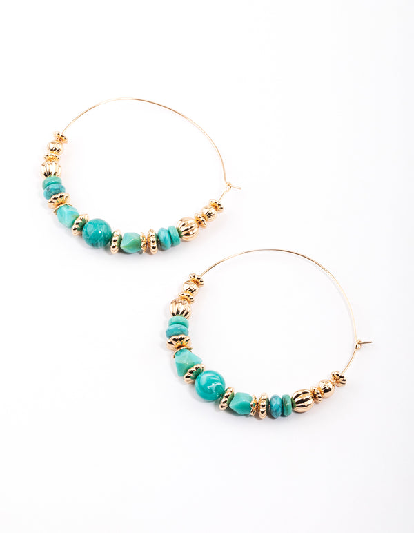 Gold Big Mixed Bead Texture Hoop Earrings