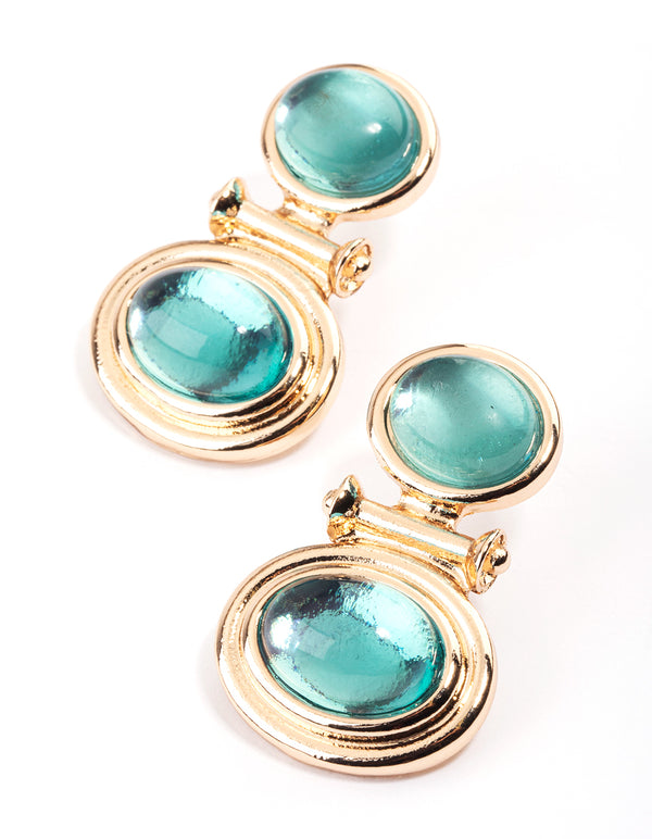 Gold Double Stone Turquoise Drop Earrings