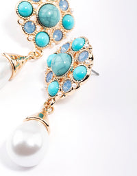 Gold Mixed Stone Pearl Drop Earrings - link has visual effect only