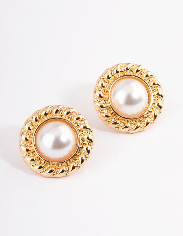 Gold Vintage Rope Pearl Stud Earrings