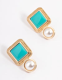 Gold Square Stone Round Pearl Stud Earrings - link has visual effect only