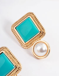 Gold Square Stone Round Pearl Stud Earrings - link has visual effect only