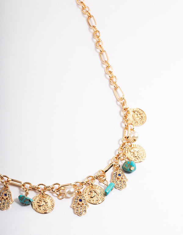 Gold Mixed Stone Coin & Hand Motif Necklace