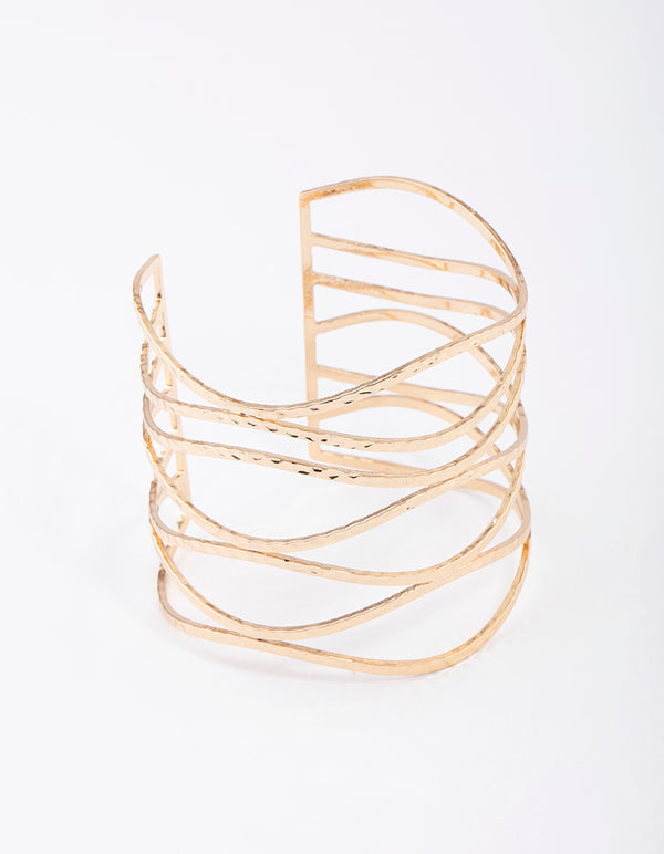 Gold Large Wavy Hammered Cuff Bangle