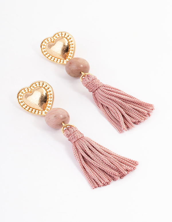 Gold Rhodonite Heart Tassel Earrings