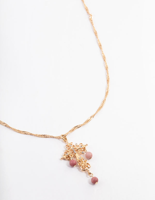 Gold Rhodonite Cross Pendant Necklace