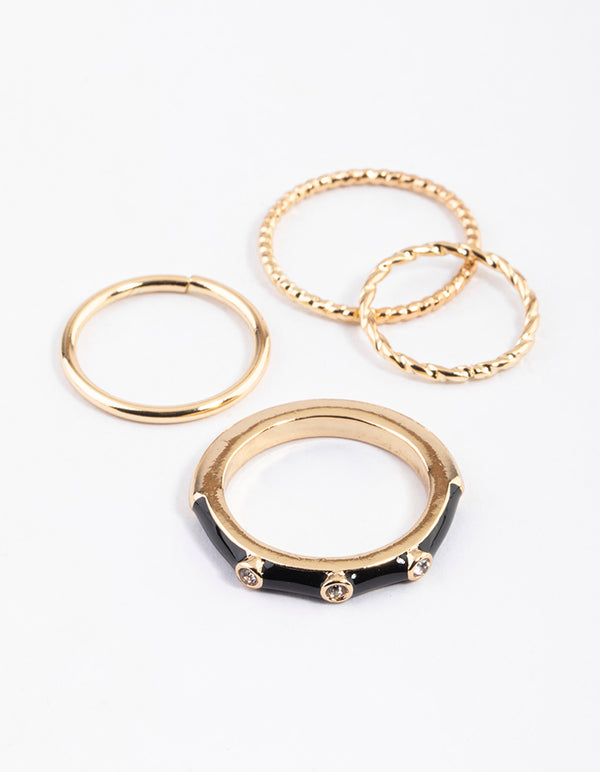 Black Enamel & Diamante Ring 4-Pack