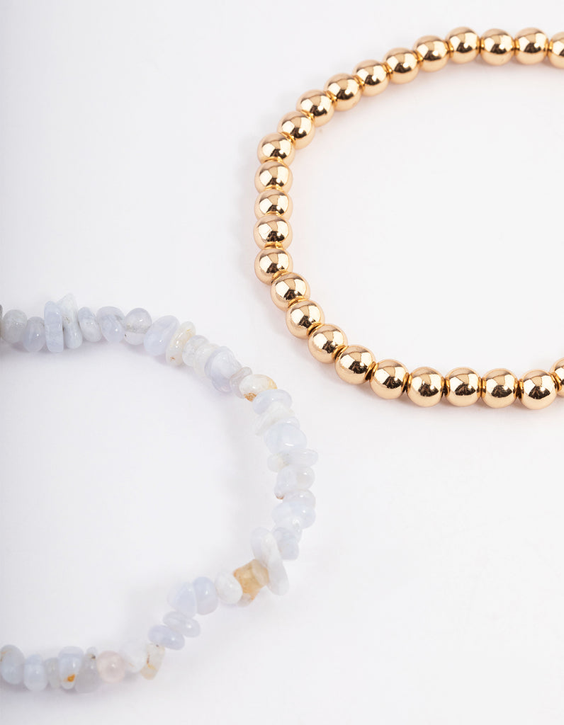 Gold Blue Lace Agate Chip Stretch Bracelet Pack